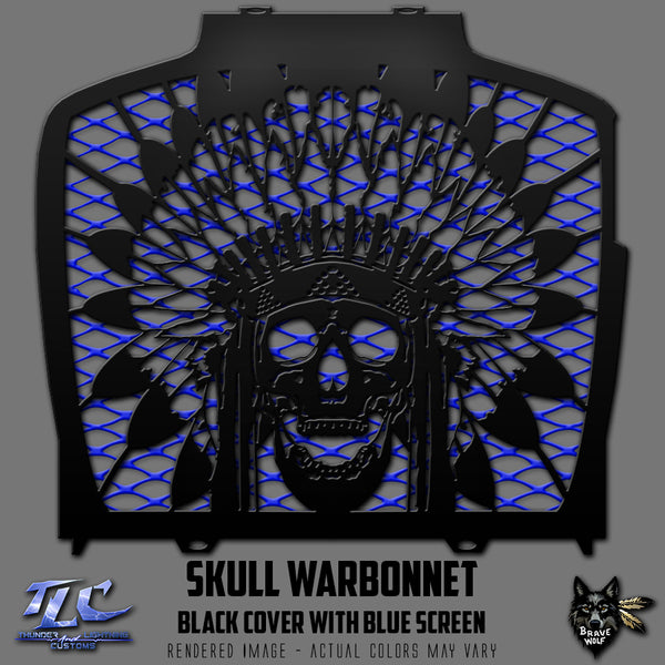 Skull Warbonnet Black Radiator Cover with Blue Screen for Indian Challenger/Pursuit