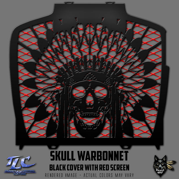 Skull Warbonnet Black Radiator Cover with Red Screen for Indian Challenger/Pursuit