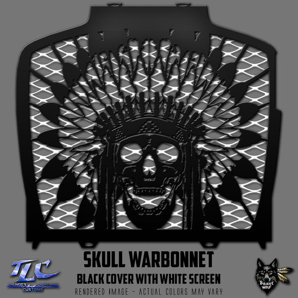 Skull Warbonnet Black Radiator Cover with White Screen for Indian Challenger/Pursuit